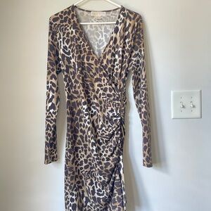 Michael Kors Animal Print Dress Woman's 4 Gathered Zip Side Brown Form Fitting